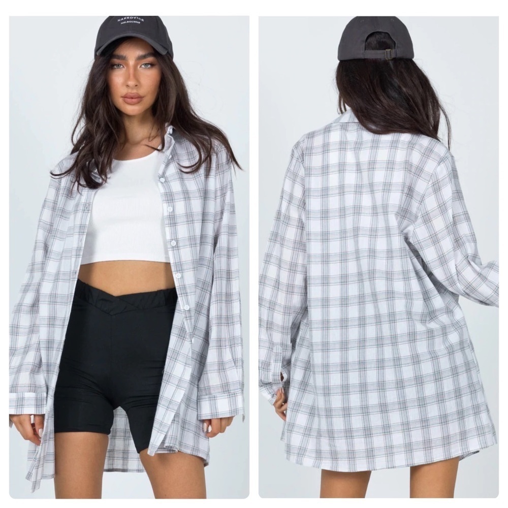 PRINCESS POLLY Leigh Lightweight Plaid Shirt in White, Size 2, Oversized Fit NWT